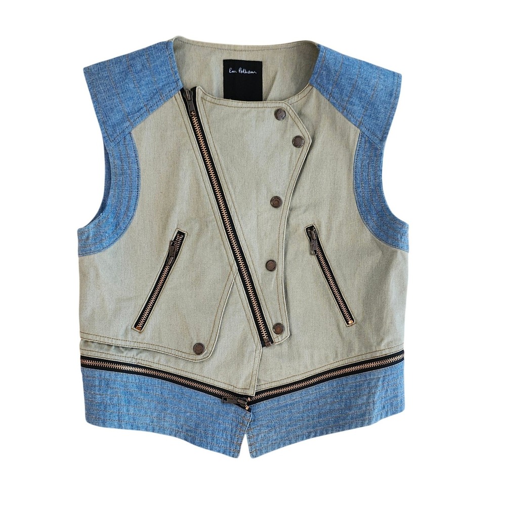 Em Polham Womens Biker Cotton Vest Khaki Blue Denim Colorblock Small S NWOT